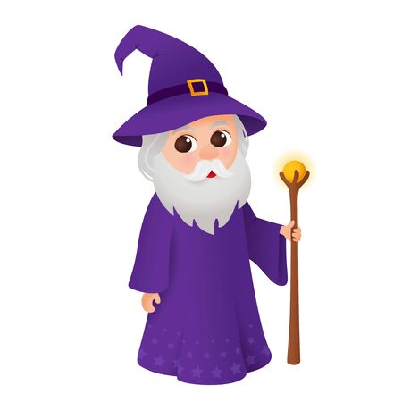 Wizard with magic wand, old cartoon magician fairy tale characterのイラスト素材
