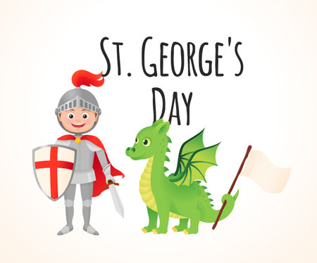 St. George`s Day card, Sant Jordi vector illustration with dragon and knight.のイラスト素材