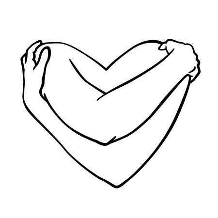 Love your body hug hand drawn line art sketch. Hand drawn vector illustration in doodle style.のイラスト素材