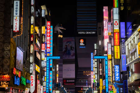 TOKYO, JAPAN - 24 NOVEMBER, 2019 : night life and many billboards in Kabukicho district - The most...