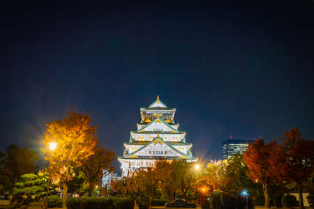 Osaka Castle or Himeji Castle at the dark blue night in Autumn season with colorful maple leaves - Osaka city, Japan.のeditorial素材