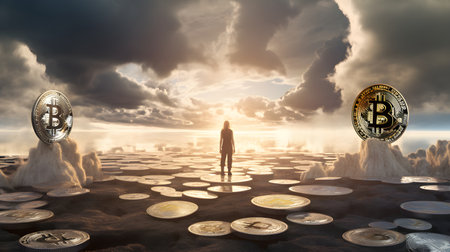 Bitcoin : the future money still valid after the World explode - Surreal 3D render, illustration. Generated AIの素材