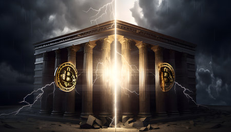 Bitcoin : the future money destroying a traditional Bank system - Surreal 3D render, illustration. Generated AIの素材
