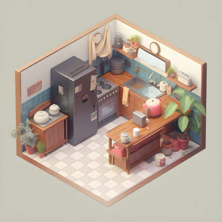 Vintage Japanese isometric kitchen. 1:1 ratio : Generated AIの素材