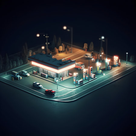Gas station, Isometric style. Vector and illustrators concept. Night time gas station. Generative AI.の素材