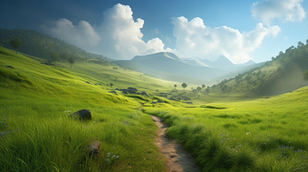 Green meadow view with mountains, copy space background. Panorama 21:9 wallpaper style, daylight with natural light. Generated AIの素材