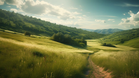 Green meadow view with mountains, copy space background. Panorama 21:9 wallpaper style, daylight with natural light. Generated AIの素材