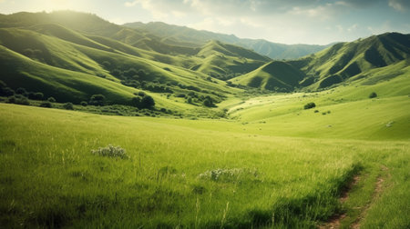 Green meadow view with mountains, copy space background. Panorama 21:9 wallpaper style, daylight with natural light. Generated AIの素材