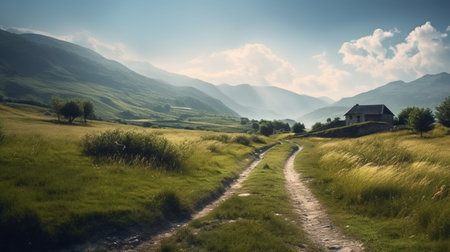 Green meadow view with mountains, copy space background. Panorama 21:9 wallpaper style, daylight with natural light. Generated AIの素材