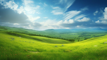 Green meadow view with mountains, copy space background. Panorama 21:9 wallpaper style, daylight with natural light. Generated AIの素材