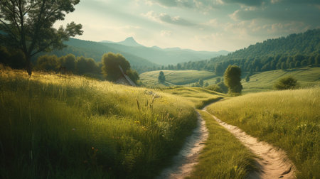 Green meadow view with mountains, copy space background. Panorama 21:9 wallpaper style, daylight with natural light. Generated AIの素材