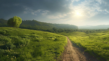 Green meadow view with mountains, copy space background. Panorama 21:9 wallpaper style, daylight with natural light. Generated AIの素材