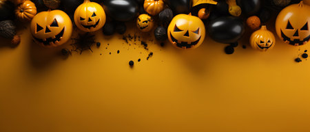 Halloween background banner, including pumpkins, balloons on the background. Studio lighting concept. 21:9 ratio for media ad.の素材