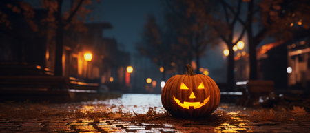 Halloween festival pumpkin a haunted evil glowing eyes of Jack O' Lanterns, Spooky night cinematic scene. 21:9 ratio for banner ads and cover.の素材