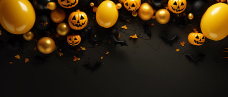 Halloween background banner, including pumpkins, balloons on the background. Studio lighting concept. 21:9 ratio for media ad.の素材
