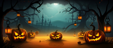 Halloween festival pumpkin a haunted evil glowing eyes of Jack O' Lanterns, Spooky night cinematic scene. 21:9 ratio for banner ads and cover.の素材