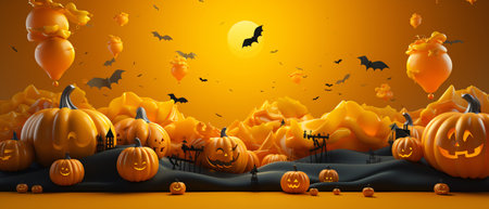 Halloween festival pumpkin a haunted evil glowing eyes of Jack O' Lanterns, Spooky night cinematic scene. 21:9 ratio for banner ads and cover.の素材