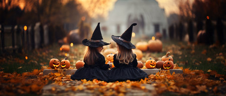 Happy Halloween Festival! Attractive twin girl wearing a wizard hat. Cheerful moment with the Jack O' Lanterns pumpkin!の素材