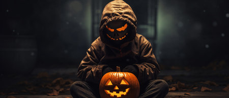 a man wearing Halloween festival pumpkin a haunted evil glowing eyes of Jack O' Lanterns, Spooky night cinematic sceneの素材