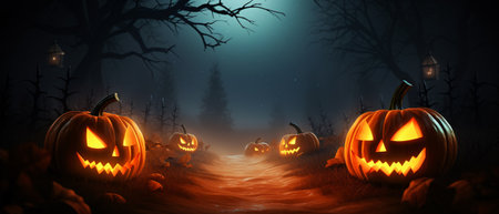 Halloween festival pumpkin a haunted evil glowing eyes of Jack O' Lanterns, Spooky night cinematic scene. 21:9 ratio for banner ads and cover.の素材