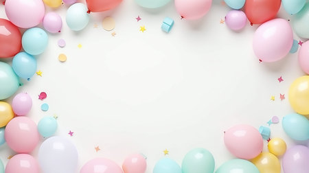 Happy birthday ! A free space for text, birth day celebrations event. Pastel background. Colorful balloons. Generative AIの素材