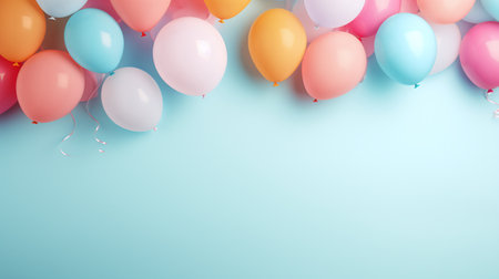 Happy birthday ! A free space for text, birth day celebrations event. Pastel background. Colorful balloons. Generative AIの素材