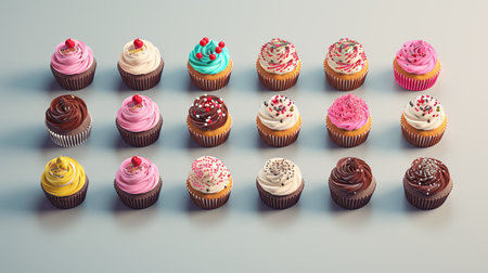 Happy Birthday! Pastel cupcakes with candles. Birth day celebrations. Generative AIの素材