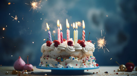 Happy Birthday! Pastel cake and cupcakes with candles. Birth day celebrations. Generative AIの素材