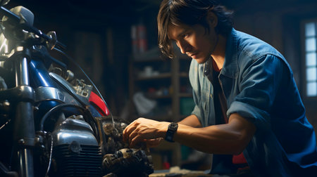 Mechanic young man repairs and fixing motor in workshop. Motorcycle engine repair diagnostics concept. Generative AIの素材