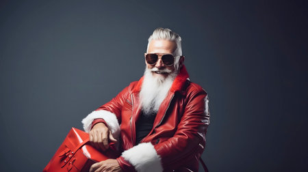 Merry Christmas Theme! Santa Claus in eyeglasses holding gifts for the children, Rockstar style, studio shot on light gray background. Generative AIの素材