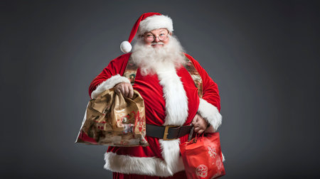 Merry Christmas Theme! Santa Claus in eyeglasses holding gifts for the children, studio shot on light gray background. Generative AIの素材