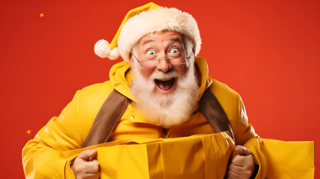 Merry Christmas Theme! Santa Claus in eyeglasses and yellow suite, studio shot on red background. Generative AIの素材