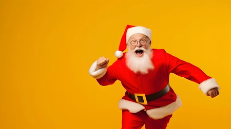 Merry Christmas Theme! Santa Claus in eyeglasses cheerful dancing expression, studio shot on yellow background. Generative AIの素材