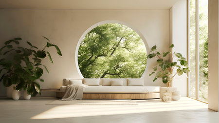Window frame interior design, a cozy luxury indoor space inside the house. White tone. Generative AIの素材