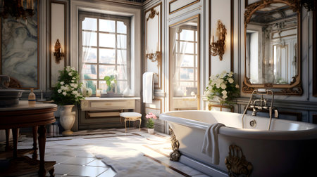 Elegance and luxury bathroom. A cozy indoor bathtub. Home interior design with generative AI.の素材
