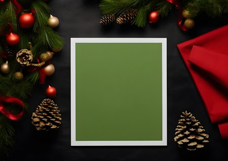 Christmas and New year decorations and elements layout flat lay template. Free copy space frame mock up for text and design.の素材