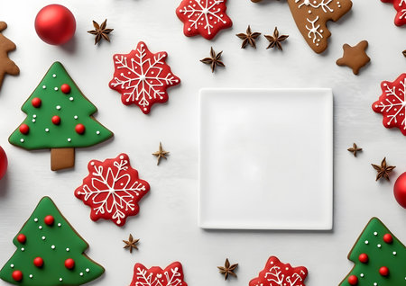 Christmas and New year decorations and elements layout flat lay template. Free copy space frame mock up for text and design.の素材