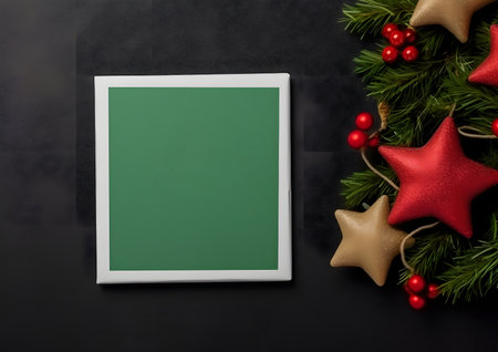 Christmas and New year decorations and elements layout flat lay template. Free copy space frame mock up for text and design.の素材