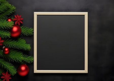 Christmas and New year decorations and elements layout flat lay template. Free copy space frame mock up for text and design.の素材