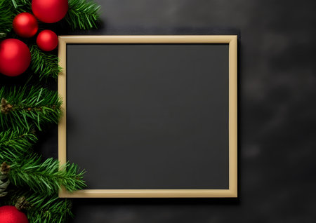 Christmas and New year decorations and elements layout flat lay template. Free copy space frame mock up for text and design.の素材