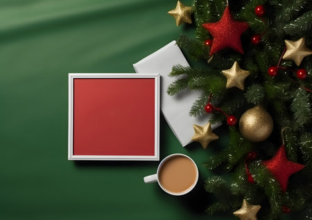 Christmas and New year decorations and elements layout flat lay template. Free copy space frame mock up for text and design.の素材