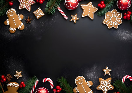 Christmas and New year black background decorations and elements layout flat lay template. Free copy space frame mock up for text and design.の素材