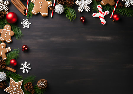 Christmas and New year black background decorations and elements layout flat lay template. Free copy space frame mock up for text and design.の素材