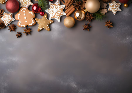 Christmas and New year black background decorations and elements layout flat lay template. Free copy space frame mock up for text and design.の素材