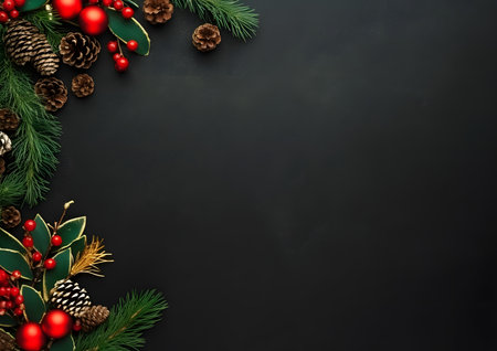 Christmas and New year black background decorations and elements layout flat lay template. Free copy space frame mock up for text and design.の素材