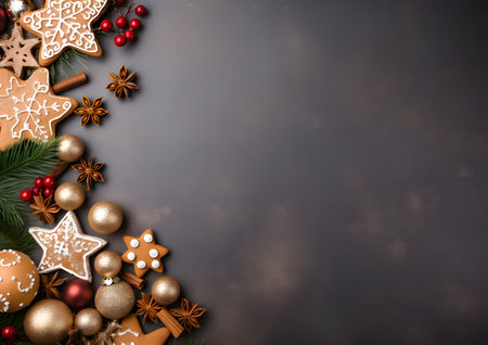 Christmas and New year black background decorations and elements layout flat lay template. Free copy space frame mock up for text and design.の素材