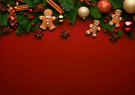 Christmas and New year red background decorations and elements layout flat lay template. Free copy space frame mock up for text and design.の素材