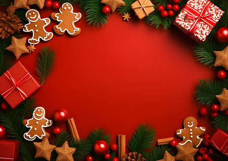 Christmas and New year red background decorations and elements layout flat lay template. Free copy space frame mock up for text and design.の素材