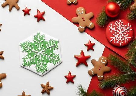 Christmas and New year white background decorations and elements layout flat lay template. Free copy space frame mock up for text and design.の素材