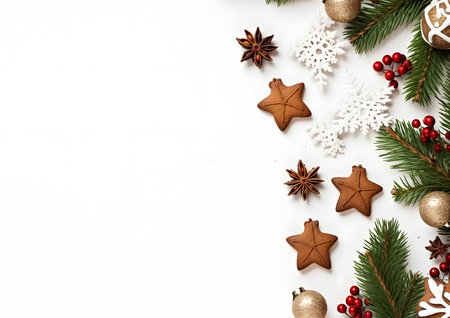 Christmas and New year white background decorations and elements layout flat lay template. Free copy space frame mock up for text and design.の素材